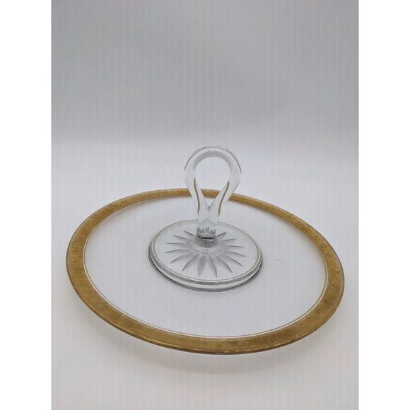 Vintage serving tray clear  glass gold trim handle   tidbit candy entertaining - Picture 2 of 10